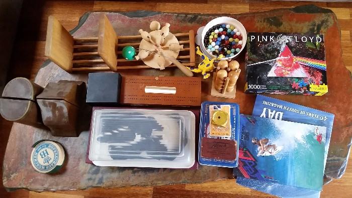 old book ends, toys and games