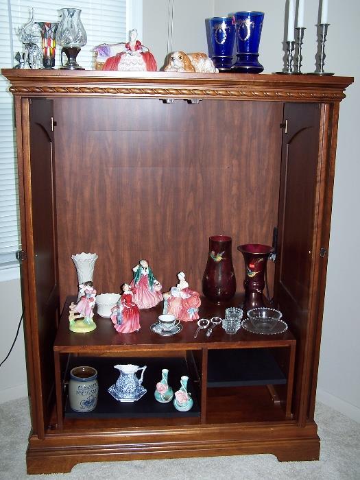 Royal Doulton Dolls, Lenox Vases, Waterford Candle Holder, Candlewick...Beautiful TV Cabinet