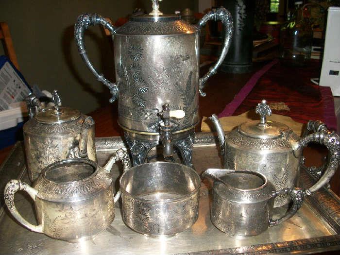 Meriden Silverplate early "Aesthetic Revival" very large tea and coffee service