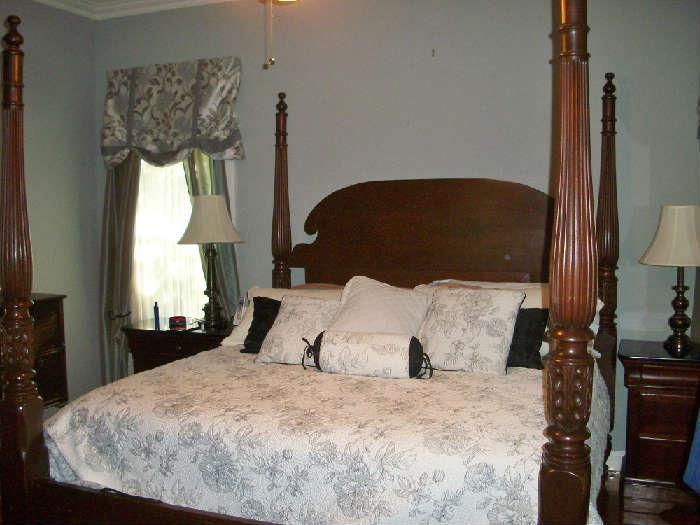 Custom made four poster King bed with like new mattress set---