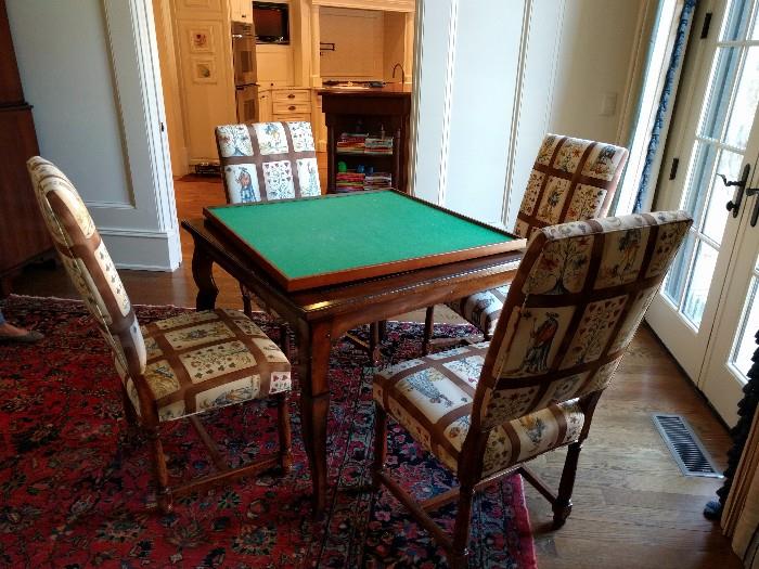 High end mahogany game table, w/4 chairs in yummy Asian fabric - great for bridge parties with ladies who lunch.