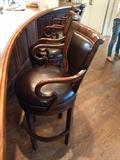 Set/3 nicely detailed leather/wood barstools - very heavy!