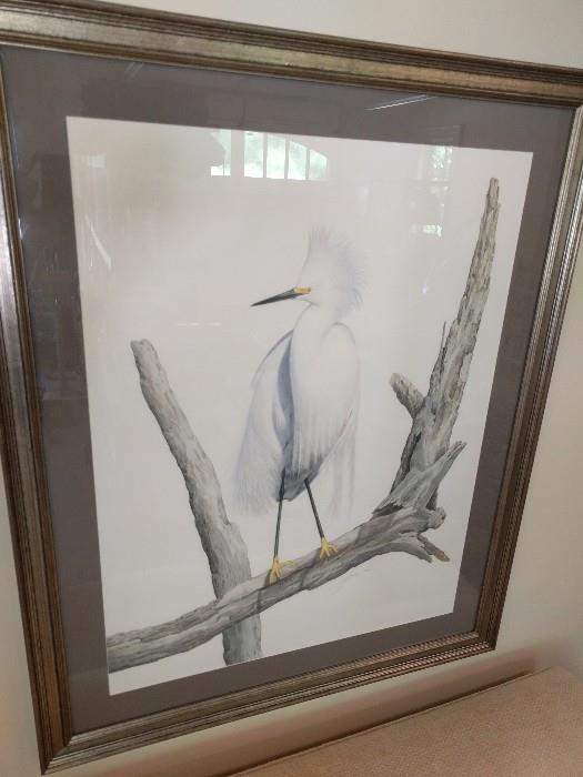 Large, original snowy egret artwork, by Sonia, 1990.