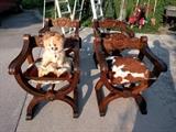 FABBY set/4 antique carved mahogany English chairs, w/custom cowhide seats & cushions.