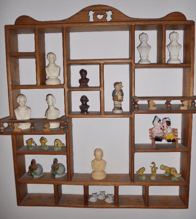 What-not shelf with small collectibles some vintage