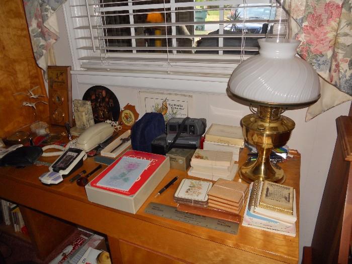 Office items and lovely Aladdin lamp with milk glass shade