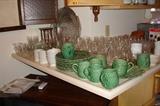 Green dishes, stemware, white milk glass, aluminum tray and glass dish set.
