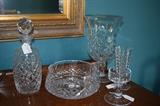 Waterford items (the bowl and larger candle holder in the back have small chips) Decanter is by Rogaska