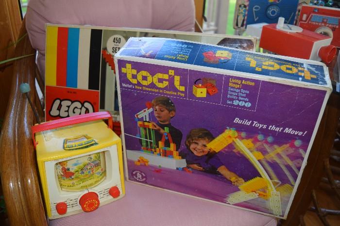 Vintage game entitled Tog'L, box of vintage Legos