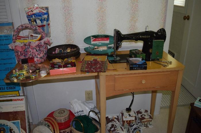 Singer sewing machine with cabinet and misc sewing notions