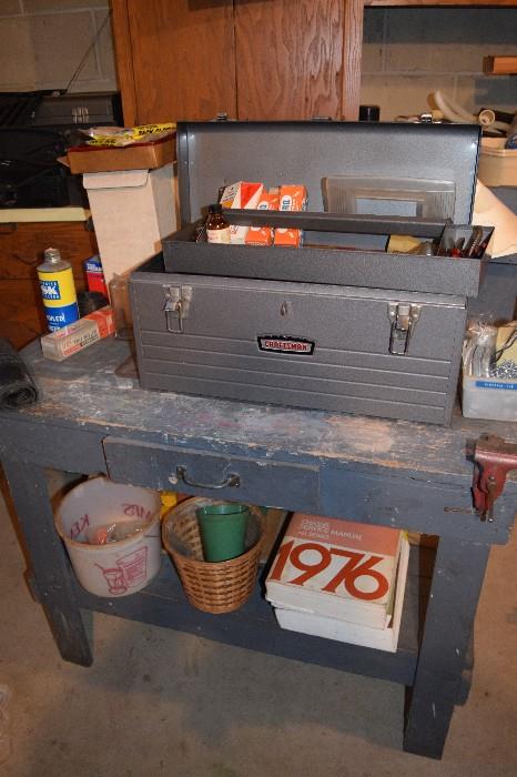 Wooden tool bench with drawer and Sear Craftsman metal tool box