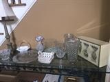 Crystal on glass top console table