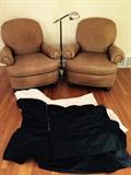 Pr. Cocoa Leather Chairs, Rolled Arms, Brass Hobnail Trim, Box Cushions, Ball Feet & Both Ivory & Charcoal Denim Slipcover Sets (Leather in like new condition as always covered), from Restoration Hardware