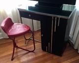 Art Deco Vanity/Manicurist Table, Black w/ Vertical Chrome Stripes & Chrome Drawer Pulls, Glass Top Overlay, 32"W x 16"D x 30-1/2"H, Iron Triangle Seat Stool
