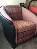 1930's Carved Black Frame Upholstered Barrel Chair w/ Red Stripe Ticking Upholstery & Coordintaed Multi-colored Plaid Back & Striped Box Cushion Seat, 37"W x 32"D