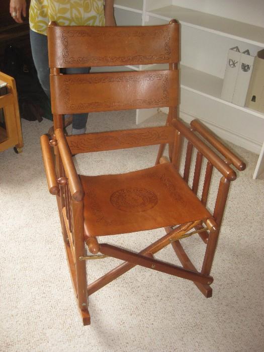Awesome folding rocking chair with leather State Of Texas seat