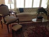 Sofa, Chair, Brass/Glass Coffee Table. Bonsai Tree