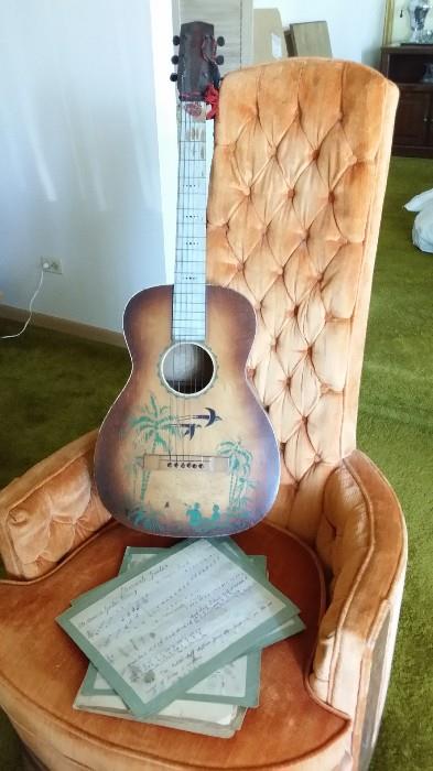 1930s Supertone acoustic with hand painted Hawaiian scene