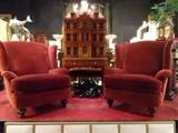 PAIR RED VENETIAN VELVET WING CHAIRS, EXCELLENT GENTLY USED CONDITION