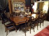 PULASKI DUAL PEDESTAL DINING TABLE, WITH 8 CHAIRS, 2 LEAVES, LEATHER UPHOLSTERED SEATS