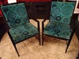 PAIR MID CENTURY MODERN ARMCHAIRS, 1950's/60's, IN ORIGINAL PRINTED VELVET UPHOLSTERY