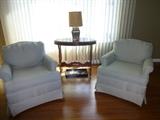 Two Striped Chairs, Antique Oval Side Table