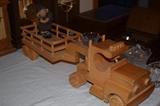 Hand crafted wood semi truck toy.
