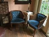 2 blue upholstered wood & cane design chairst