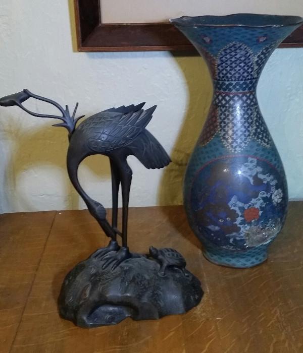 Bronze Heron & Turtle Statue and Cloisonne Vase