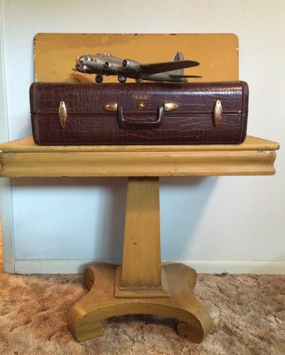 Antique Empire Style Card Table, vintage suitcase w/ faux alligator design, and a WW II B-17  Bomber Model.
