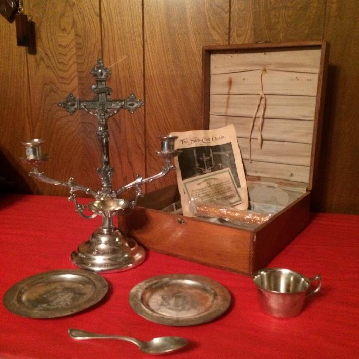 Old silver plate In His Service
Sick Call Outfit by Homan Silver Plate Co. Comes with original Wood Box.