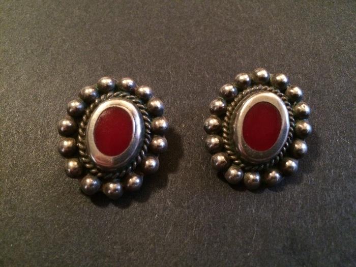 Vintage Mexican Sterling Silver Clip Earrings.  Possibly Red Jasper Stone Centers