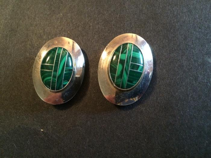 Sterling Silver Clip Earrings with green malachite.