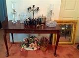 Thomasville Style Foyer Table, All That Jazz Figurines, Pressed Glass, Silverplate & Tear Drop Crystal Candelabra, & More