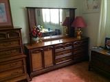 Vintage Dresser with Mirror, Brass Reindeer & Glass Vase, Goldtone Lamp