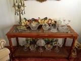 Wood, Glass & Cane Sofa Table, Pressed Glass, Glass Candelabras