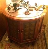 Inlaid Marble Top Octagonal End Table, Brass Candelabra
