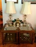 Pair End Tables (Matching Sofa Table), Brass & Marble Crystal Lamps with Hand Tied Style Shades, Vintage Crystal Clocks, Dome Clocks, Brass Candle Sconces