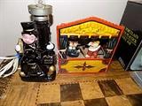 Punch and Judy repro mechanical bank.  Never on sunday ceramic lamp.