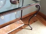 Metal & Glass sofa table with detail of marble shelf