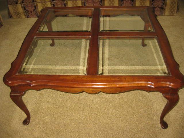 Queen Anne style coffee table with beveled glass inserts
