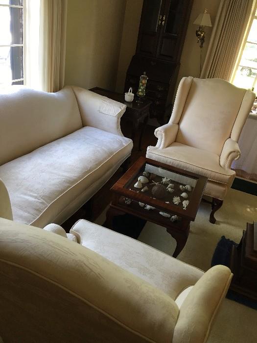 Immaculate set of custom made Queen Anne chairs and sofa in a lovely cream colored Chinoisere pattern.