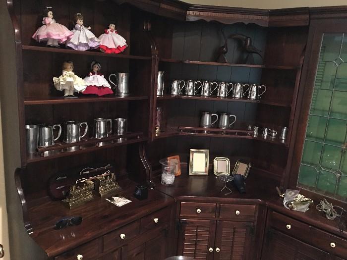 Pewter collection, Madame Alexander, other novelty items in this huge wall unit and gun cabinet.