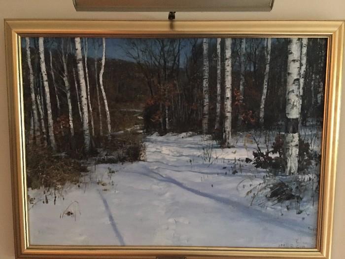 A sunny winter scene oil painting.