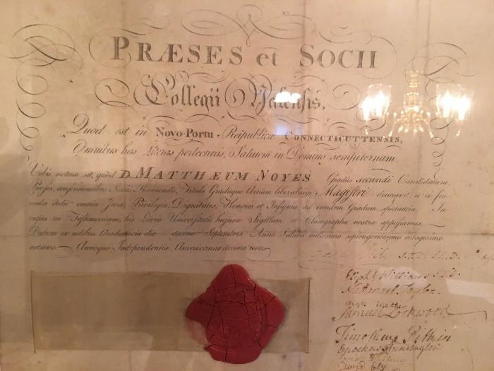 Antique documents and ephemera. This is an antique Yale diploma c. 1864 signed by notable alumni such as Josiah Whitney and Samuel Lockwood. A wonderful piece of history!