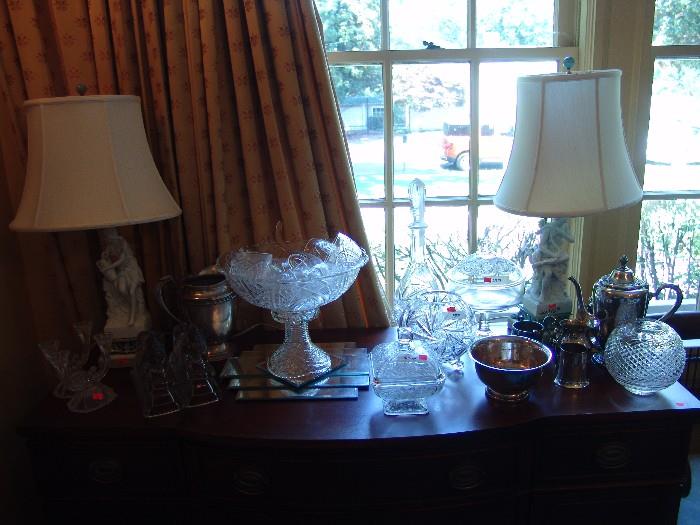 Pair porcelain figural lamps and punch bowl and cups