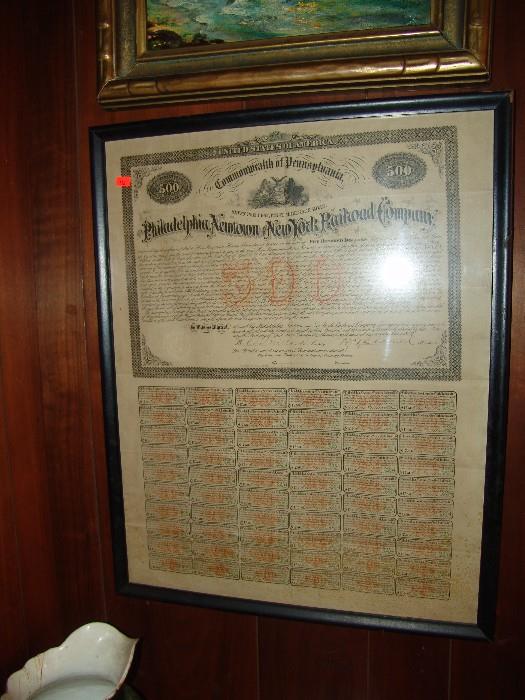 Framed Railroad Stock Certificate