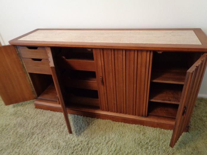 Mid-century buffet sideboard server with inset marble top 65" x 18".