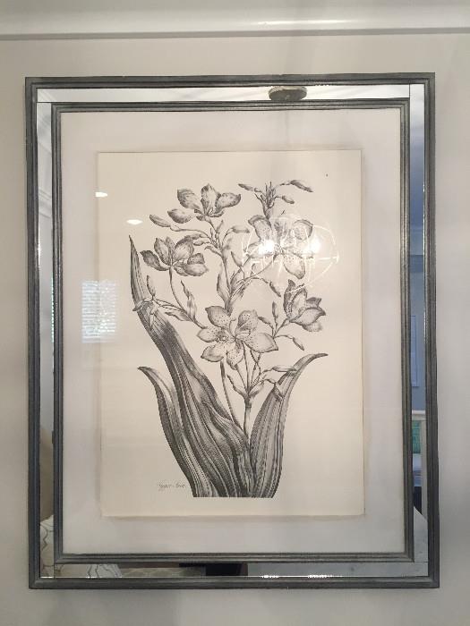 Mirrored frame B&W botanical art