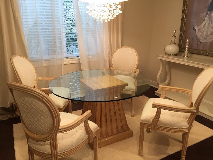 Round Glass Dining Table with 4 newly upholstered Armchairs (fabric from Ballard Designs) 